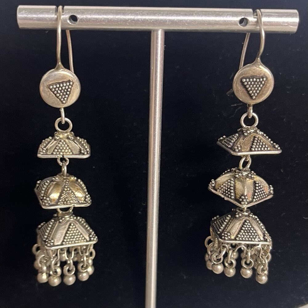 925 Sterling Silver Jhumka India Drop Earrings Multi Tier Pyramids Tribal 19g